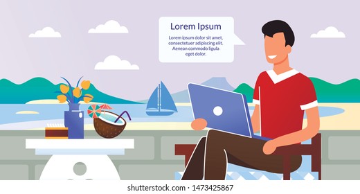 Happy Man Freelancer Working on Laptop. Smiling Male Blogger Networking. Guy Drinking Coconut Cocktail at Resort Restaurant. Outdoors Cafe at River Band. Remote Work. Cartoon Vector Flat Illustration
