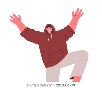 Hombre feliz con el brazo levantado. Un tipo muy emocionado sonriente en el capó con una extraña pose con las manos levantadas, atemorizando por diversión y alegría. Ilustración vectorial gráfica plana aislada en fondo blanco