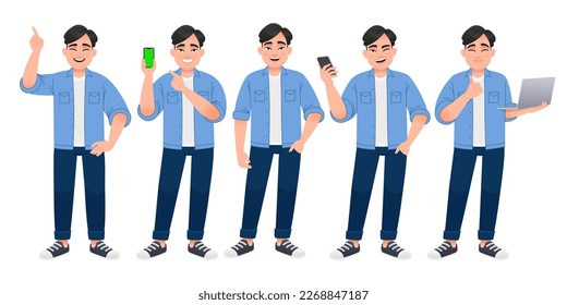 Happy man in full-length character set. A white man is standing with a phone in his hand, pointing at something, with a laptop in his hands. A young Chinese man in a blue shirt, white T-shirt