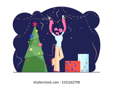 Happy Man in Funny Mouse Ears on Head Holding Sparkler and Champagne Glass Dancing near Decorated Christmas Tree with Gifts and Garlands. 2020 New Year Celebration. Cartoon Flat Vector Illustration