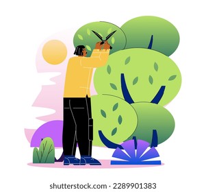 Happy man gardener. Male farmer trims green bushes with pruners or scissors. Gardener taking care of garden plants. Work or hobby. Cartoon flat vector illustration isolated on white background