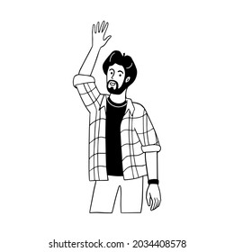 Happy man with gesture of hand up. Hand drawn vector illustration of human emotion sign on white background. Nonverbal communication signal drawing. Social cues concept.