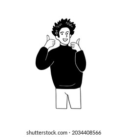 Hombre con gesto de aprobación hacia arriba. Dibujo manual de la ilustración vectorial de la emoción humana en fondo blanco. Dibujo de comunicación no verbal. Concepto de señales sociales.