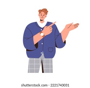 Happy man gesturing with hand, presenting, showing smth. Smiling person advertising, pointing with finger to side. Presenter, expert speaker. Flat vector illustration isolated on white background