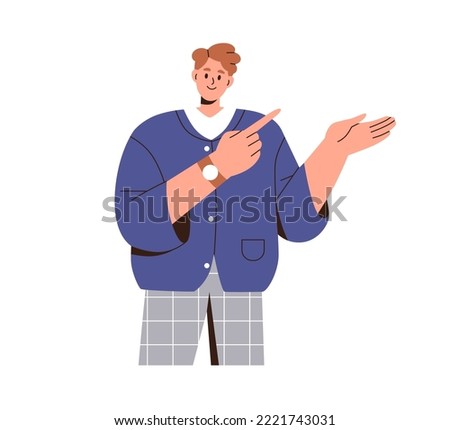 Happy man gesturing with hand, presenting, showing smth. Smiling person advertising, pointing with finger to side. Presenter, expert speaker. Flat vector illustration isolated on white background