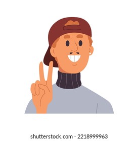 Happy man gesturing peace victory gesture with hand. Friendly excited guy showing V sign with two fingers, smiling. Positive person portrait. Flat vector illustration isolated on white background