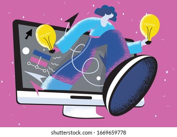 Un hombre feliz tiene una idea en Internet. Obtener creatividad a partir de la investigación en Internet