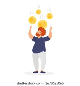 Happy man gets money pouring on his head. Wealth, inheritance, money from nowhere. Gold coins are falling from the sky. Passive income. Investments, business, finance. Modern vector illustration.