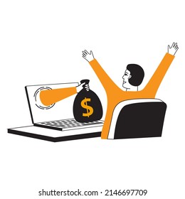 Happy man getting bag of money from his laptop.Hand from a monitor holds out a money bag happy man.Isolated on white background. Vector flat illustration.