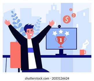 Hombre feliz obteniendo el primer lugar en la competencia en línea. Carácter masculino sentado en la ilustración vectorial plana del escritorio del ordenador. Logro, concepto de éxito para banner, diseño de sitios web o página de inicio