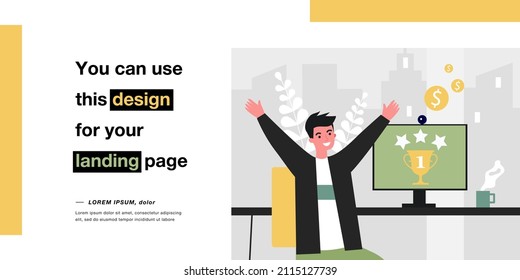 Happy man getting first place in online competition. Male character sitting at computer desk flat vector illustration. Achievement, success concept for banner, website design or landing page