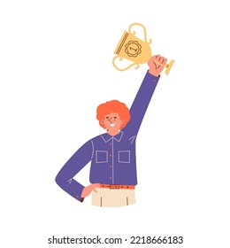 Happy man getting the first place gold award, flat cartoon vector illustration isolated on white background. Business and personal success and victory.