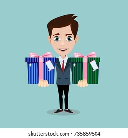 Happy man and gift box with bow. Stock flat vector illustration.