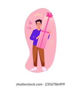 Happy man with gift box, cartoon flat vector illustration isolated on white background. Birthday party celebration. Person holding present box.