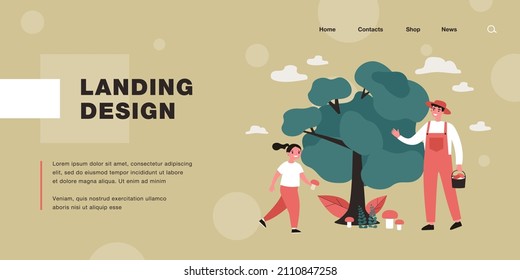 Happy man and girl collecting mushrooms. Forest, flora, food flat vector illustration. Outdoor activity and nature concept for banner, website design or landing web page