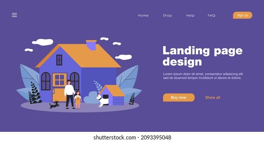 Happy man, girl and dogs in front of house. Backyard, guardian, kennel flat illustration. Lifestyle and domestic animals concept for banner, website design or landing web page