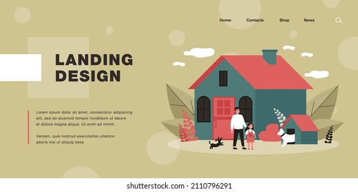 Happy man, girl and dogs in front of house. Backyard, guardian, kennel flat illustration. Lifestyle and domestic animals concept for banner, website design or landing web page