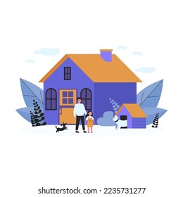 Happy man, girl and dogs in front of house. Backyard, guardian, kennel flat illustration. Lifestyle and domestic animals concept for banner, website design or landing web page