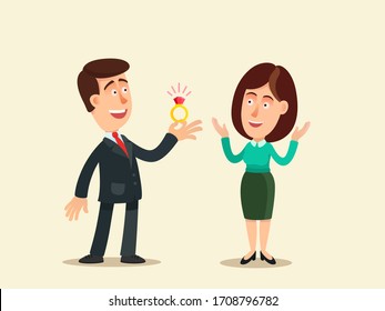 A happy man gives a ring with gem to his lover woman, makes her an offer to get married. Girlfriend surprised and happy. Marriage proposal. Vector illustration, flat design cartoon style, isolated.