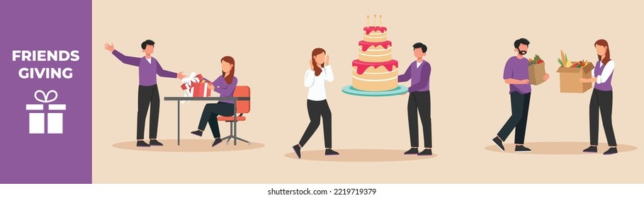 Happy man giving box package, cakes and vegetable to his wife. Friends giving set concept. Flat vector illustrations isolated. 