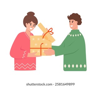 Happy man giving gift to young woman. Male and female characters and gift box with presents. Girlfriend and boyfriend in love. Birthday, holiday, Valentine's Day concept. Vector illustration.