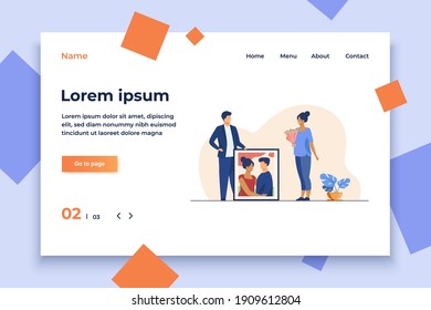 Happy man giving portrait of couple to his girlfriend. Artwork, picture, gift flat vector illustration. Special date, celebration, event concept for banner, website design or landing web page
