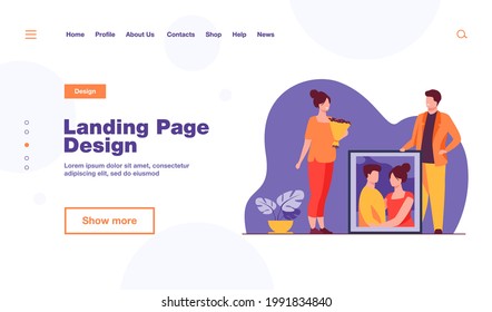 Happy man giving portrait of couple to his girlfriend. Artwork, picture, gift flat vector illustration. Special date, celebration, event concept for banner, website design or landing web page