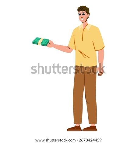 Happy man giving a stack of money, cash payment, successful investment, financial freedom, wealth and prosperity concept, full length portrait isolated on white background