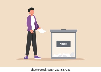 Happy man giving vote for general regional or presidential election. Voting concept. Colored flat graphic vector illustration. 