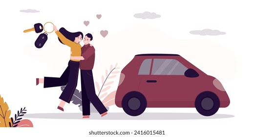 Happy man giving woman keys to new car happy valentines day or birthday. Holiday celebration concept, couple in love hugging near modern auto. flat vector illustration