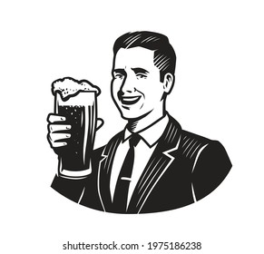 Happy man with glass of beer drawn in retro style. Alcoholic drink emblem, vintage vector illustration