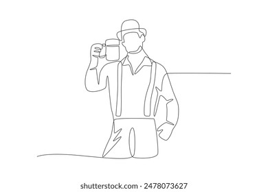 Happy man with a glass of beer. Oktoberfest concept one-line drawing