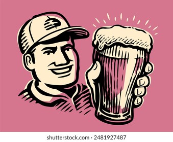 Happy man with a glass of beer. Pub, brewery concept. Fresh ale, alcoholic drink vector illustration