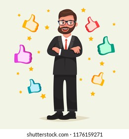 Happy man in glasses with beard with gesture like around him. Vector illustration in cartoon style. Business success in internet concept. Successfull blogger, manager or employer