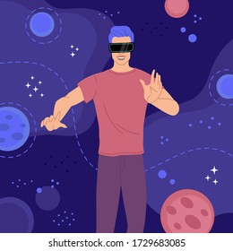 Un hombre feliz con gafas para la realidad virtual explora el espacio, el concepto de VR. Ilustración vectorial de dibujos animados planos. 