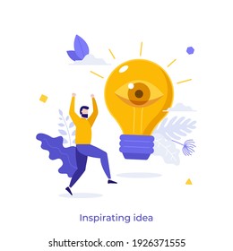 Happy man and glowing lightbulb with open eye. Concept of inspiring creative idea, insight or breakthrough, business vision, discovery of innovative technology. Modern flat vector illustration.