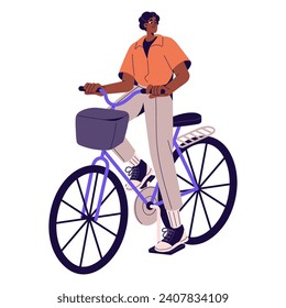 Happy man goes cycling. Cyclist ride on rental cycle, bicycle. Bicyclist holds hands handlebar. Urban eco transport, vehicle. Active leisure, bike walking. Flat isolated vector illustration on white