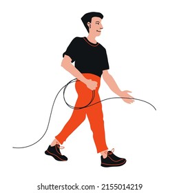 Happy man goes and lays a wire, carries a coil of cable, makes an installation of electricity. Repairman measures electricians.