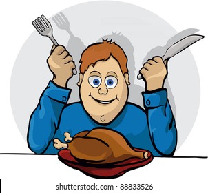 The happy man is going to eat a roast chicken