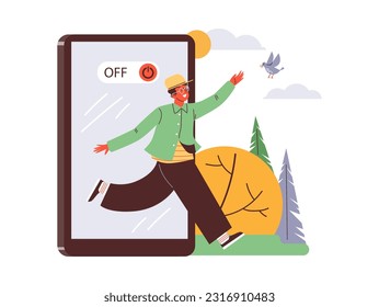 Happy man going offline to spend time in nature, flat vector illustration isolated on white background. Concept of digital detox. Person walking away from smartphone. Social media addiction.