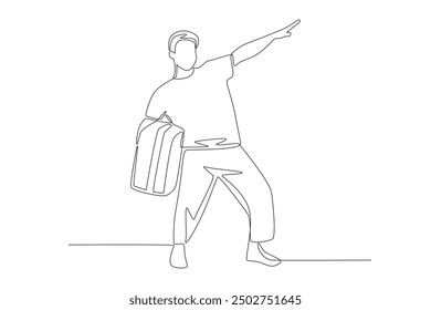 Happy man going on holiday. Holiday travel concept one-line drawing