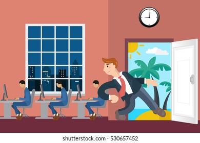 Happy man going on vacation from office flat design cartoon. The door leading to the island and the beach.