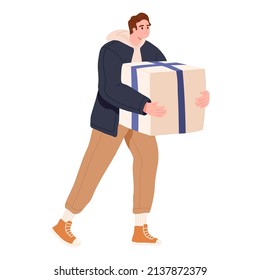 Happy man going outdoors and carrying holiday gift box in wrapping. Person walking with birthday present in hands. Guy holding big surprise. Flat vector illustration isolated on white background