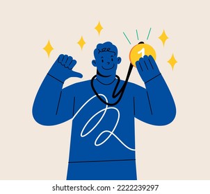 Happy man with golden medal and celebrating victory. Concept of success. Colorful vector illustration
