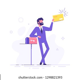 Happy man got an important letter. Handsome businessman or manager is standing nearby mailbox and holding an envelope. Modern vector illustration.