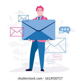 Happy man got an important letter. Vector illustration for web banner, infographics, mobile. Handsome businessman or manager holding an envelope. 