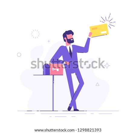 Happy man got an important letter. Handsome businessman or manager is standing nearby mailbox and holding an envelope. Modern vector illustration.
