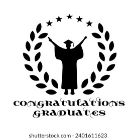  “SHOTLISTbanking”. Happy man graduate celebrating. Graduation celebration. Graduation ceremony. Graduation party. Congratulations graduates. Branches wreath background. Vector illustration on a white