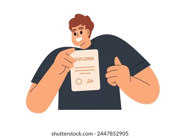 Happy man graduated with diploma. Student after graduation, holding qualification certificate in hands. Education achievement, success. Flat graphic vector illustration isolated on white background