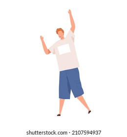 Happy man greeting smb with hi gesture, welcoming and saying hello. Excited smiling friendly guy walking forward and waving with hand. Flat vector illustration isolated on white background